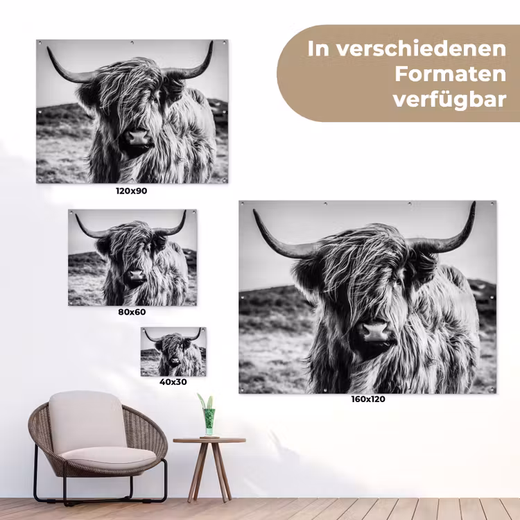 Schotse hooglander - Natuur - Koe - Zwart - Wit tuinposter los doek klein -Xsfeer9_DE