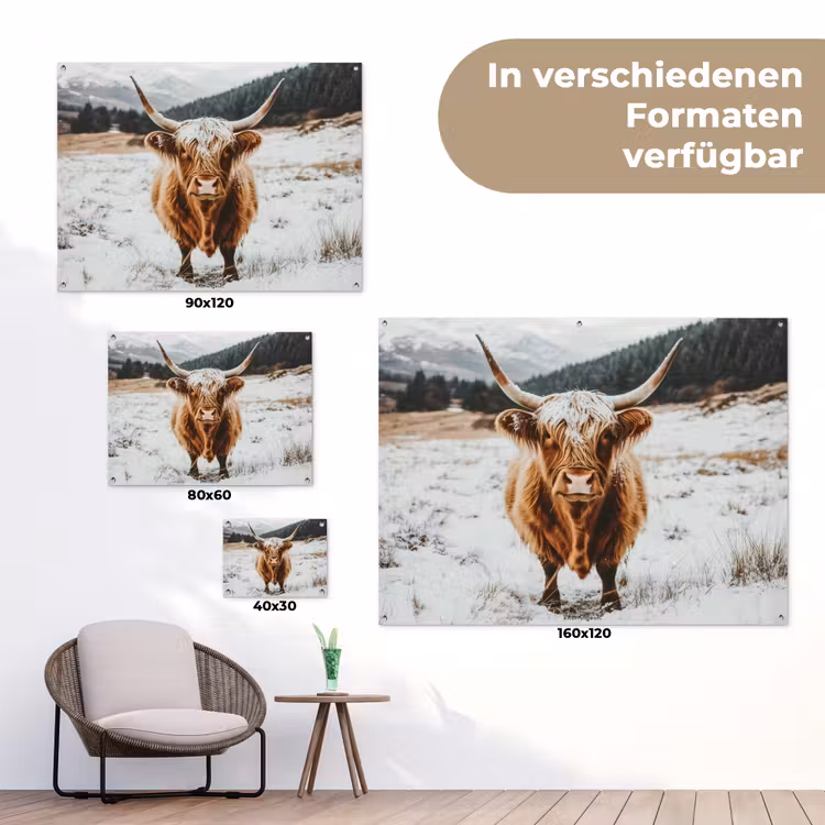 Schotse Hooglander - Sneeuw - Winter - Dieren tuinposter los doek klein -Xsfeer9_DE