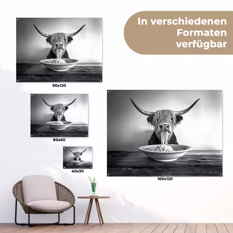 Schotse Hooglander - Spaghetti - Dieren - Zwart wit tuinposter los doek klein -Xsfeer9_DE