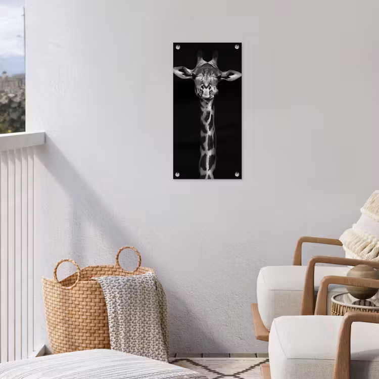 Zwart-wit portret van een giraffe tuinposter los doek klein -sfeer8