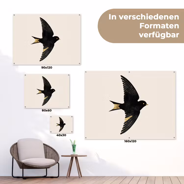 Zwarte zwaluw - Gouden accenten - Lichte achtergrond tuinposter los doek klein -Xsfeer9_DE