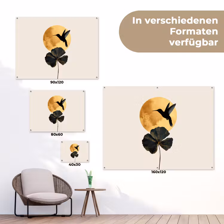 Zwarte kolibrie - Bloem - Gouden cirkel tuinposter los doek klein -Xsfeer9_DE