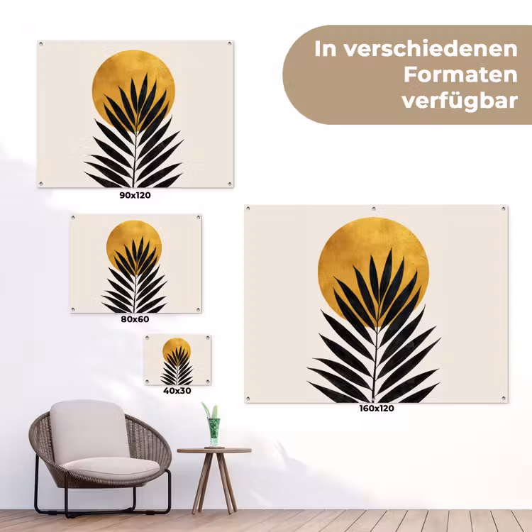 Zwart palmblad - Gouden cirkel - Beige achtergrond tuinposter los doek klein -Xsfeer9_DE