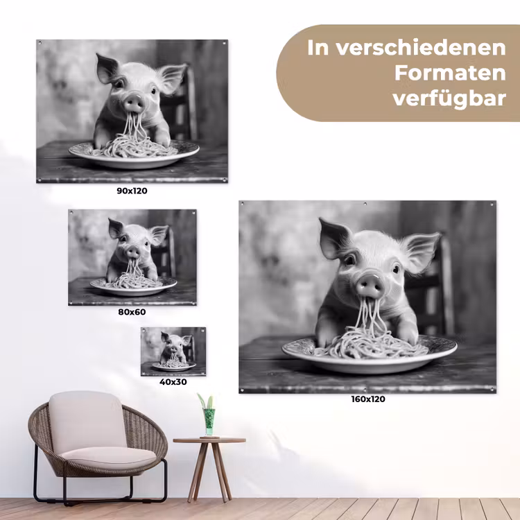 Varken - Schattig - Spaghetti - Zwart wit - Dier tuinposter los doek klein -Xsfeer9_DE