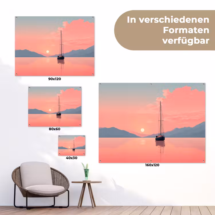 Zeilboot - Roze zee - Zonsondergang - Bergen tuinposter los doek klein -Xsfeer9_DE
