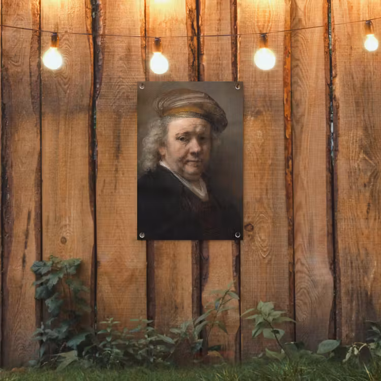 Zelfportret - Schilderij van Rembrandt van Rijn tuinposter los doek klein -sfeer1
