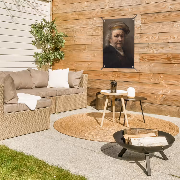 Zelfportret - Schilderij van Rembrandt van Rijn tuinposter los doek klein -sfeer4