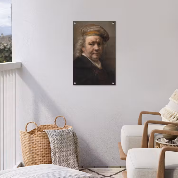 Zelfportret - Schilderij van Rembrandt van Rijn tuinposter los doek klein -sfeer8