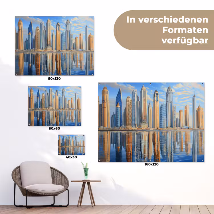 Skyline - Wolkenkrabbers - Water - Blauw tuinposter los doek klein -Xsfeer9_DE