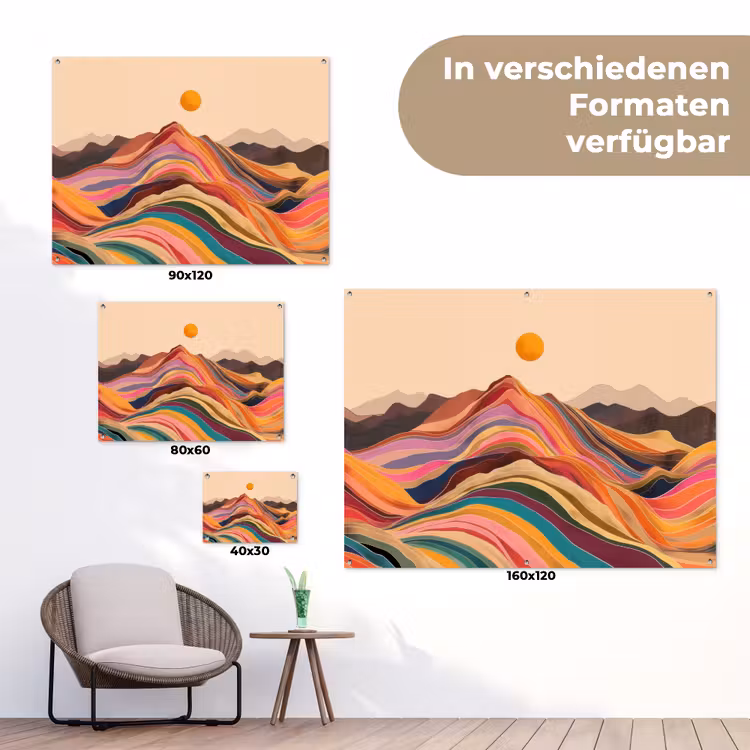 Zon - Kleurrijk landschap - Bergen tuinposter los doek klein -Xsfeer9_DE