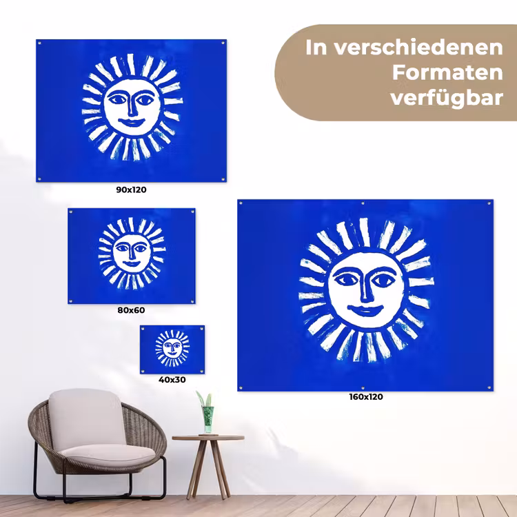Zon - Gezicht - Penseelstructuur - Blauw tuinposter los doek klein -Xsfeer9_DE