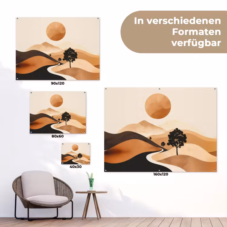 Zon - Heuvels - Boom - Abstract tuinposter los doek klein -Xsfeer9_DE