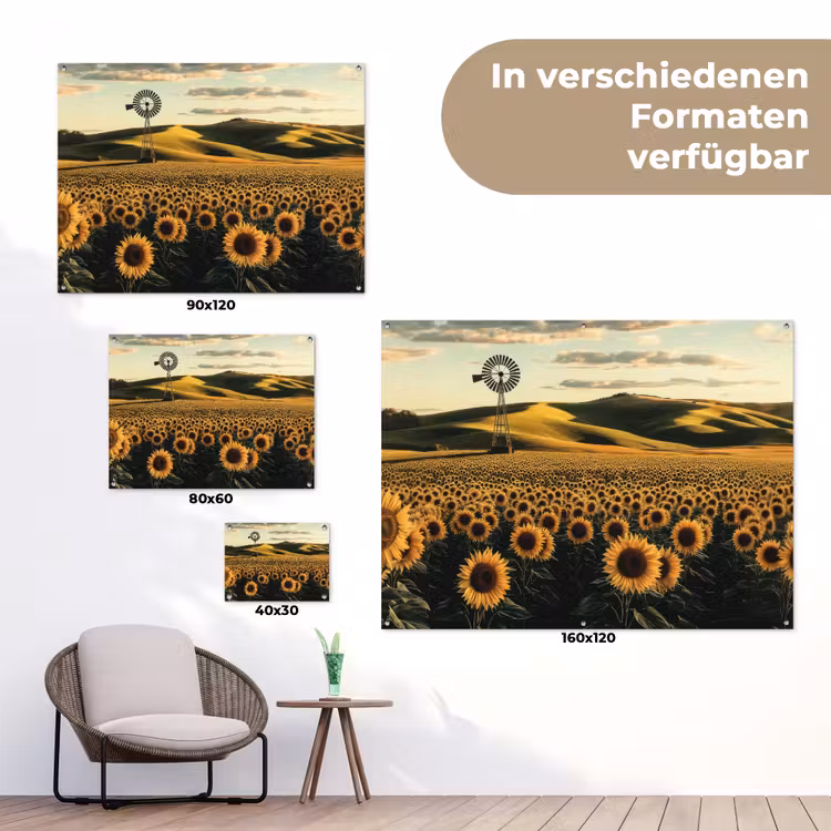 Zonnebloem - Veld - Windmolen tuinposter los doek klein -Xsfeer9_DE