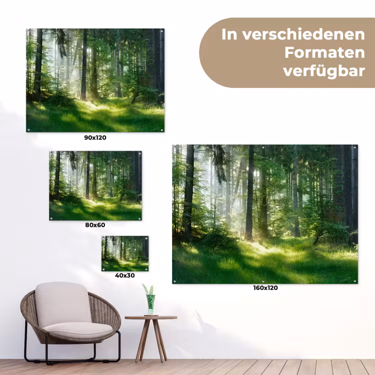 Zonnestralen in een groen bos tuinposter los doek klein -Xsfeer9_DE