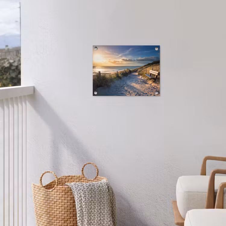 Zonsondergang - Strand - Duin - Gras - Bank tuinposter los doek klein -sfeer8