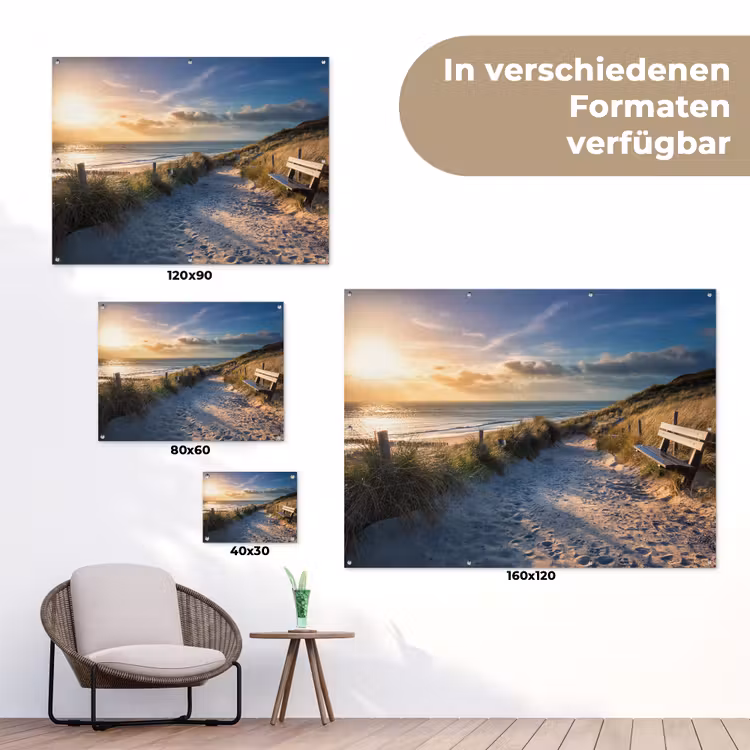 Zonsondergang - Strand - Duin - Gras - Bank tuinposter los doek klein -Xsfeer9_DE