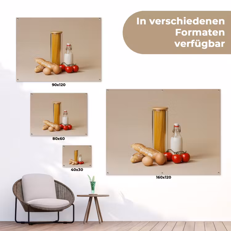 Spaghetti - Melk - Tomaten - Eieren - Brood tuinposter los doek klein -Xsfeer9_DE
