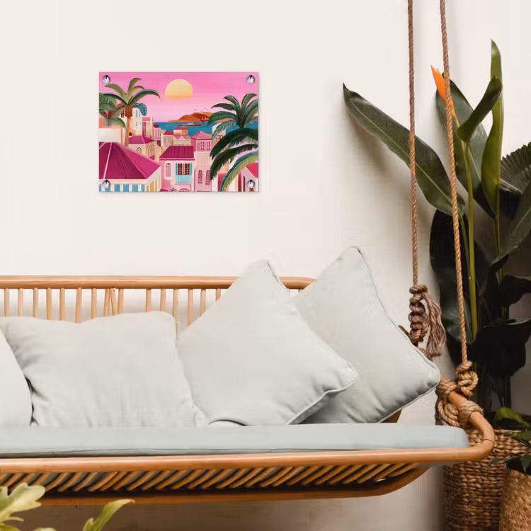 Stad - Roze - Palmbomen tuinposter los doek klein -sfeer7