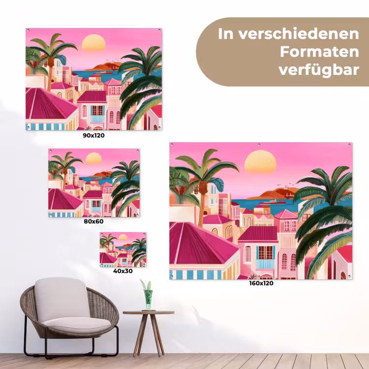 Stad - Roze - Palmbomen tuinposter los doek klein -Xsfeer9_DE