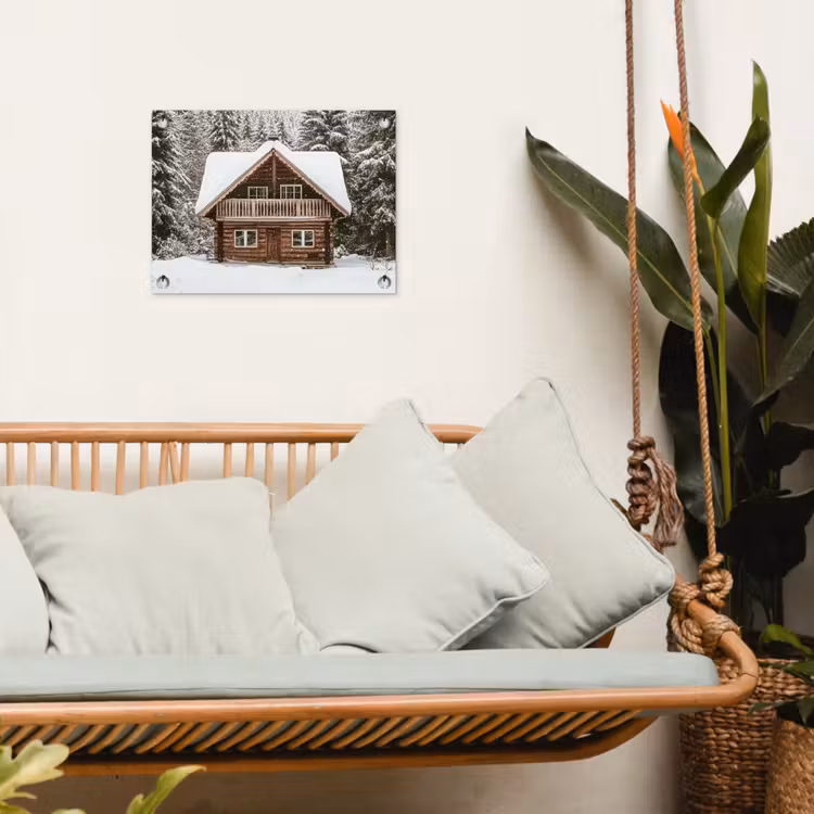 Huis - Bos - Winter - Natuur - Sneeuw tuinposter los doek klein -sfeer7
