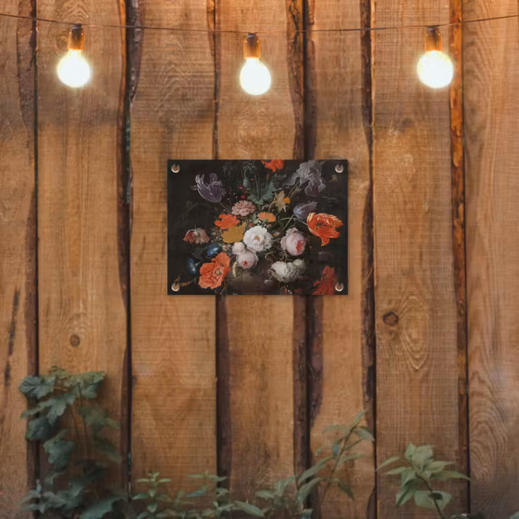 Stilleven met bloemen en een horloge - Schilderij van Abraham Mignon tuinposter los doek klein -sfeer1