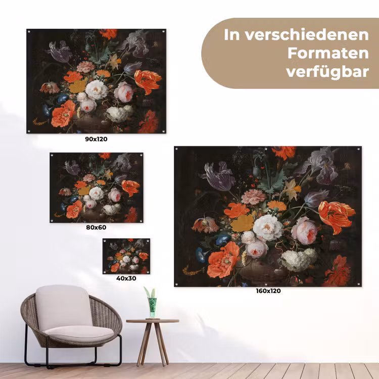 Stilleven met bloemen en een horloge - Schilderij van Abraham Mignon tuinposter los doek klein -Xsfeer9_DE