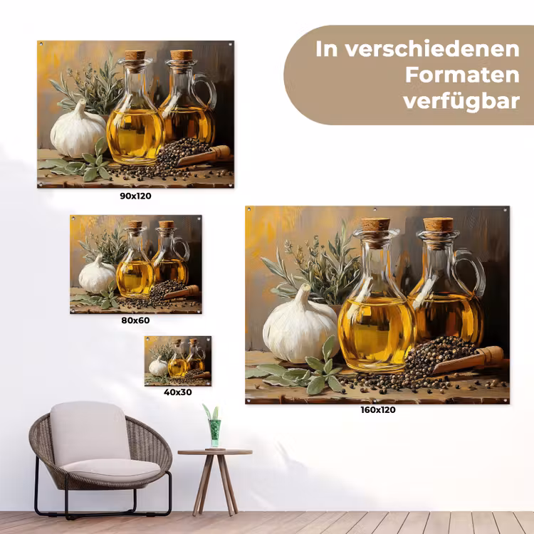 Stilleven - Olijfolie - Knoflook - Kruiden tuinposter los doek klein -Xsfeer9_DE