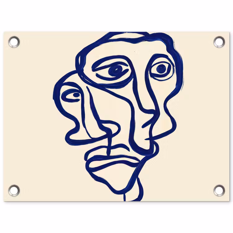 Lijntekening - Overlappende gezichten - Donkerblauw tuinposter los doek klein -3d