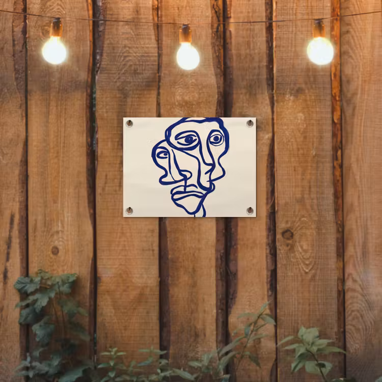 Lijntekening - Overlappende gezichten - Donkerblauw tuinposter los doek klein -sfeer1