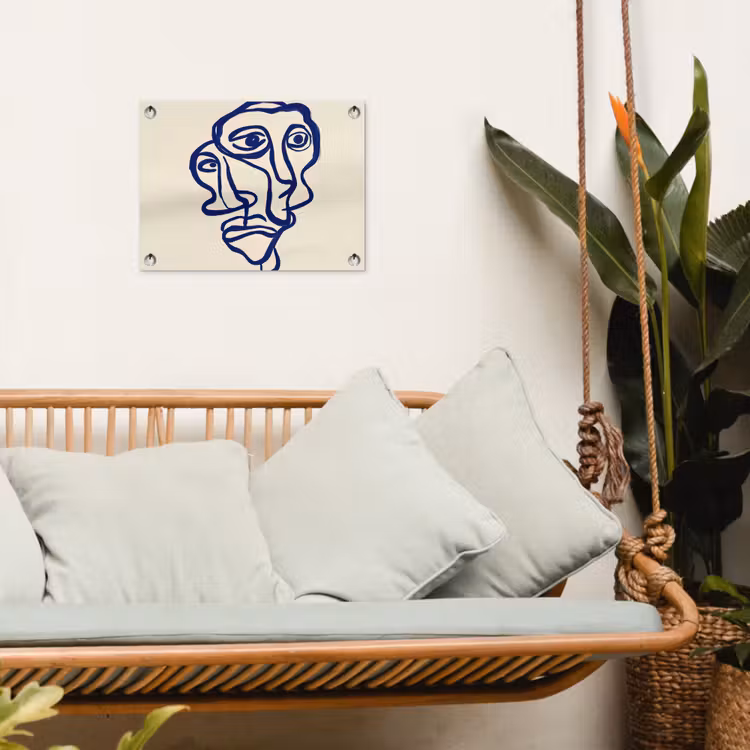 Lijntekening - Overlappende gezichten - Donkerblauw tuinposter los doek klein -sfeer7
