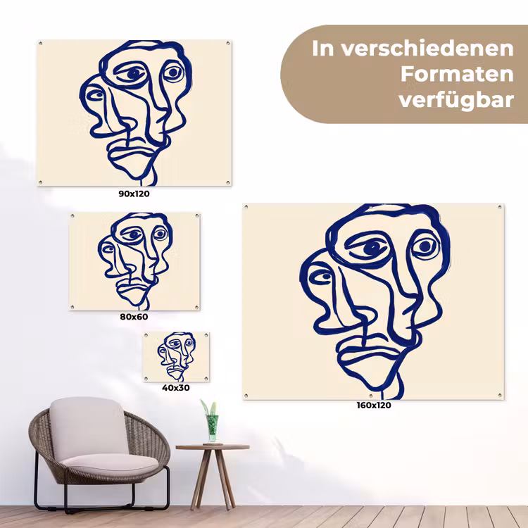 Lijntekening - Overlappende gezichten - Donkerblauw tuinposter los doek klein -Xsfeer9_DE