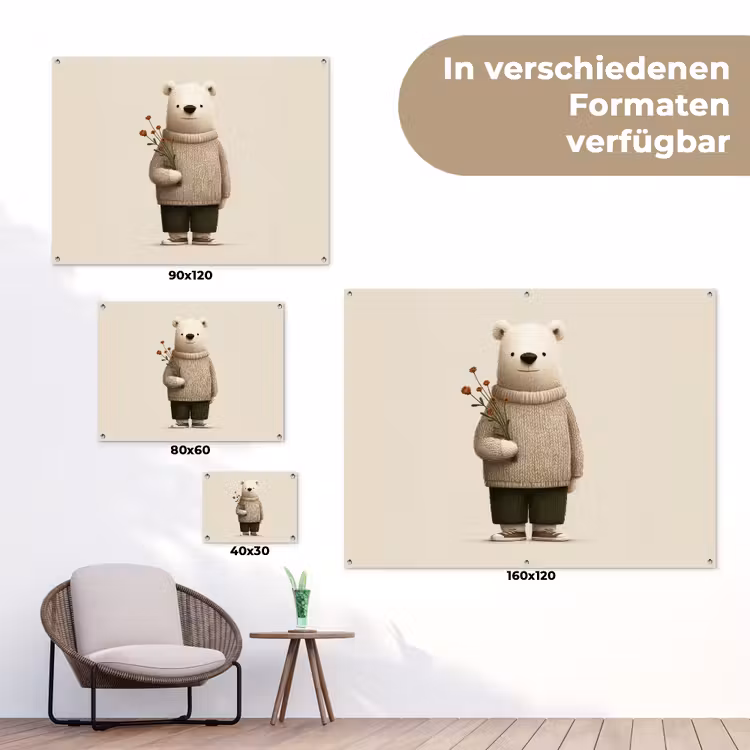 Knuffelbeer - Oranje bloemen - Vriendelijk tuinposter los doek klein -Xsfeer9_DE