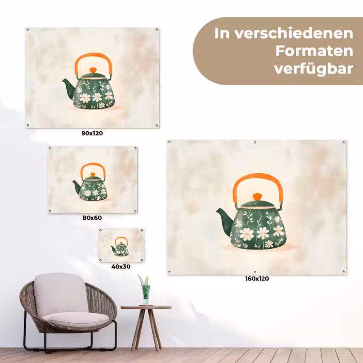 Theepot - Groen - Bloemen - Oranje tuinposter los doek klein -Xsfeer9_DE