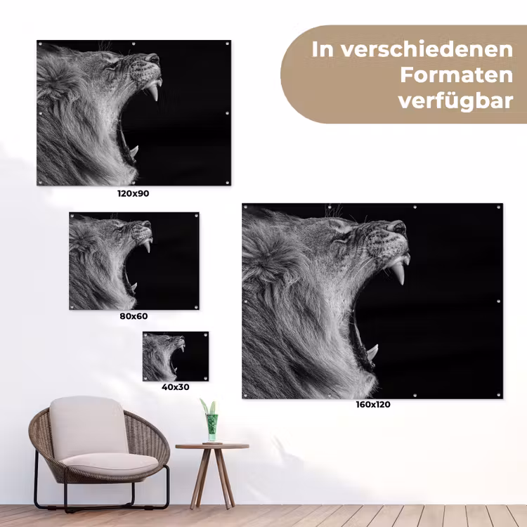 Dieren - Leeuw - Zwart - Wit - Portret tuinposter los doek klein -Xsfeer9_DE
