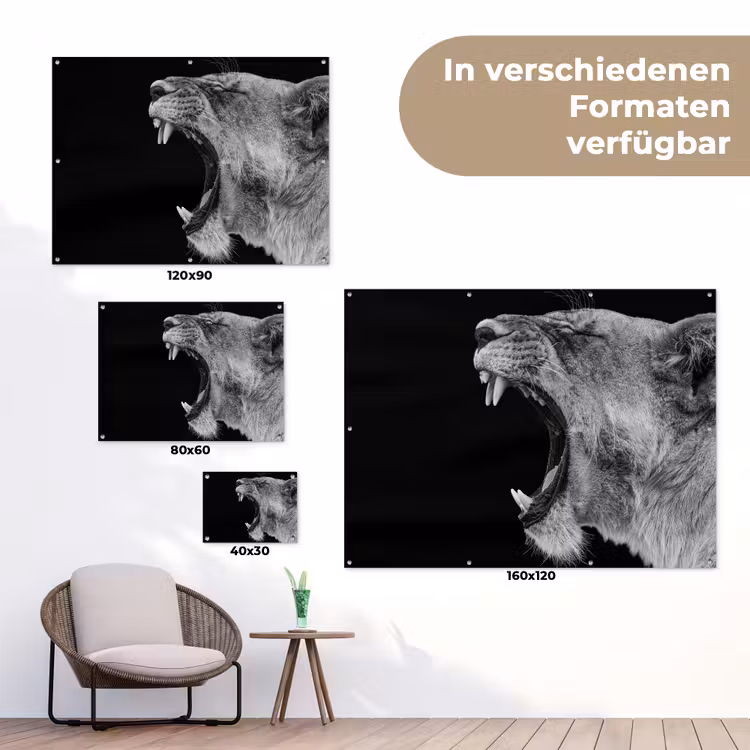 Dieren - Leeuw - Zwart - Wit - Portret tuinposter los doek klein -Xsfeer9_DE