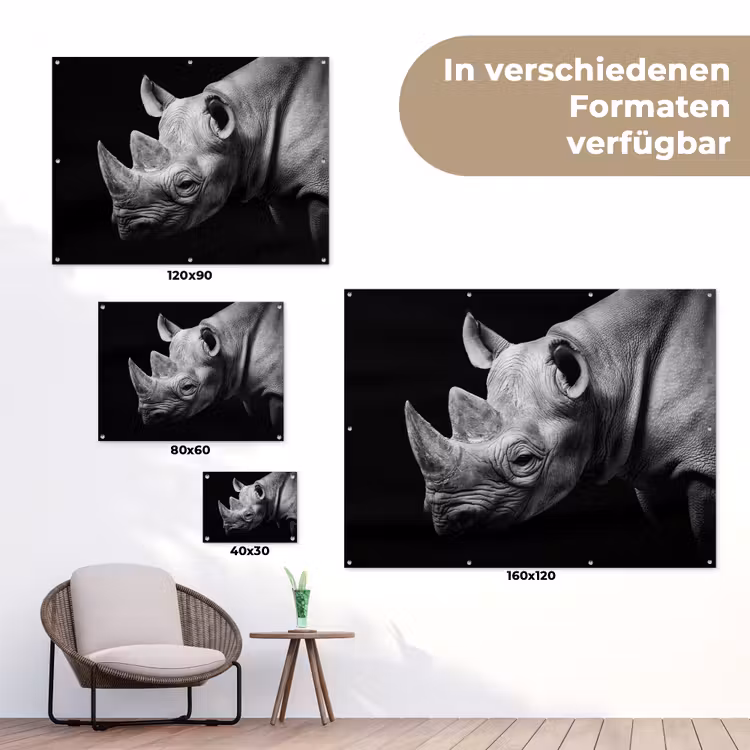 Dieren - Neushoorn - Zwart - Wit - Portret tuinposter los doek klein -Xsfeer9_DE