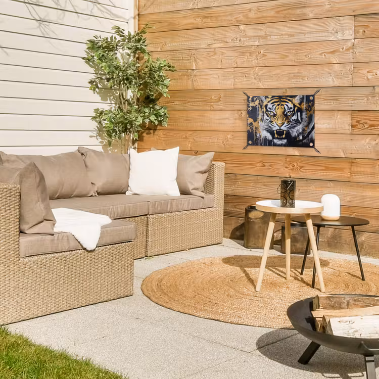 Tijger - Verfspatten - Goud tuinposter los doek klein -sfeer4