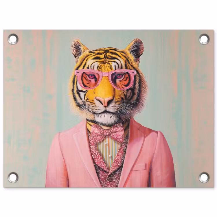 Tijger - Strik - Jasje - Roze tuinposter los doek klein -3d