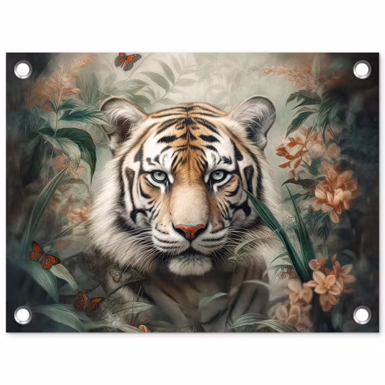 Tijger - Vlinders - Dieren - Jungle - Bloemen tuinposter los doek klein -3d