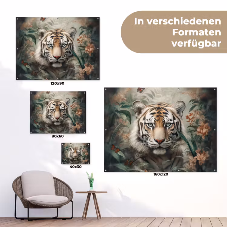Tijger - Vlinders - Dieren - Jungle - Bloemen tuinposter los doek klein -Xsfeer9_DE