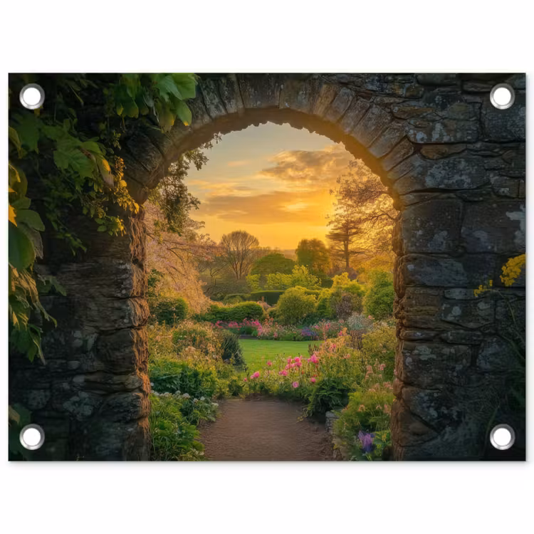 Poort - Planten - Zonsondergang tuinposter los doek klein -3d