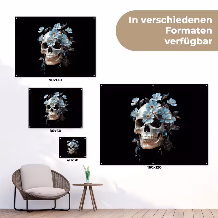 Schedel - Blauw - Bloemen - Bladeren tuinposter los doek klein -Xsfeer9_DE