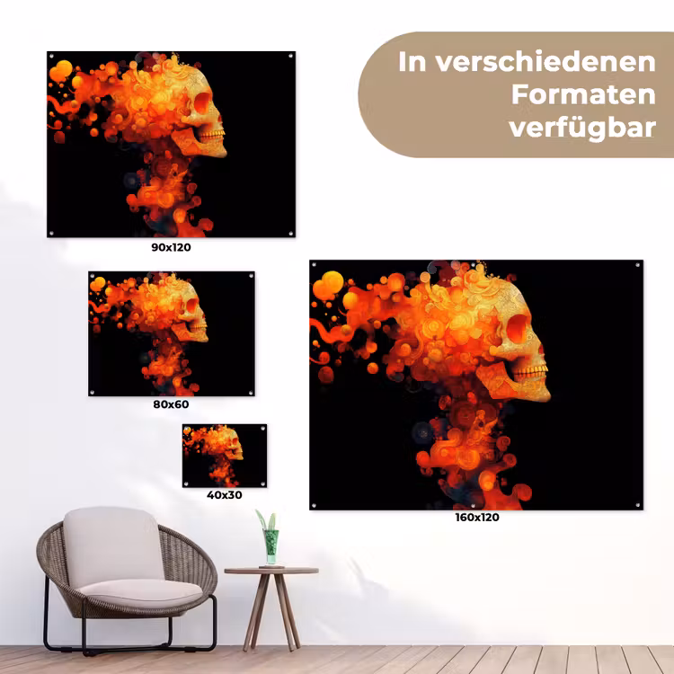 Schedel - Oranje - Zijaanzicht - Vlammen tuinposter los doek klein -Xsfeer9_DE