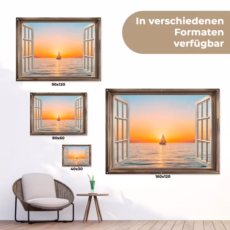 Doorkijk - Zee - Boot - Zonsondergang tuinposter los doek klein -Xsfeer9_DE