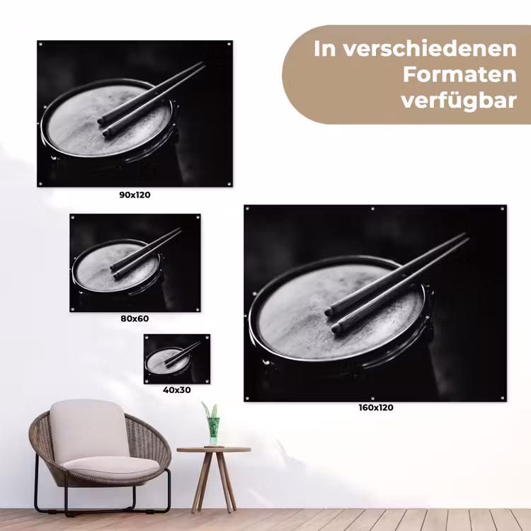 Trommel - Close-up - Drumstokken - Zwart tuinposter los doek klein -Xsfeer9_DE