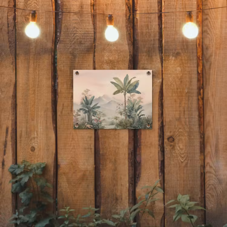 Tropisch landschap - palmbomen - Bloemen - Roze lucht tuinposter los doek klein -sfeer1