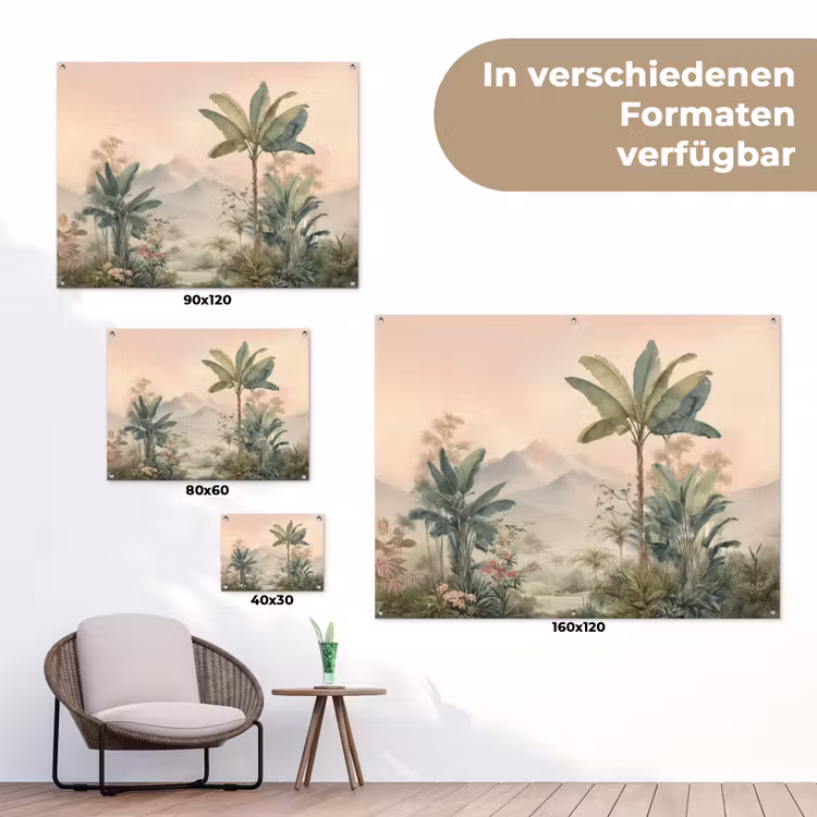 Tropisch landschap - palmbomen - Bloemen - Roze lucht tuinposter los doek klein -Xsfeer9_DE