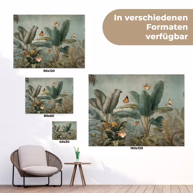Tropisch bladerdek - Vlinders - groen - Bruin tuinposter los doek klein -Xsfeer9_DE
