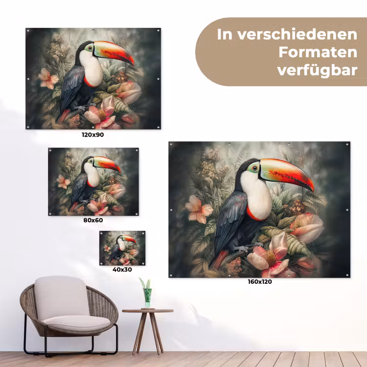 Toekan - Vogels - Bloemen - Planten - Tropisch tuinposter los doek klein -Xsfeer9_DE