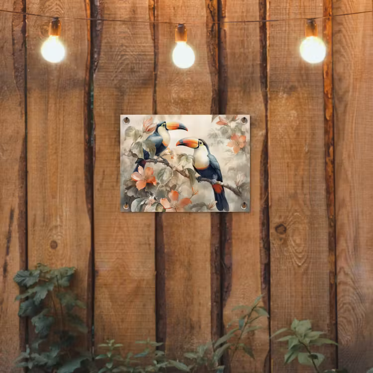 Toekan - Vogels - Bloemen - Tak tuinposter los doek klein -sfeer1